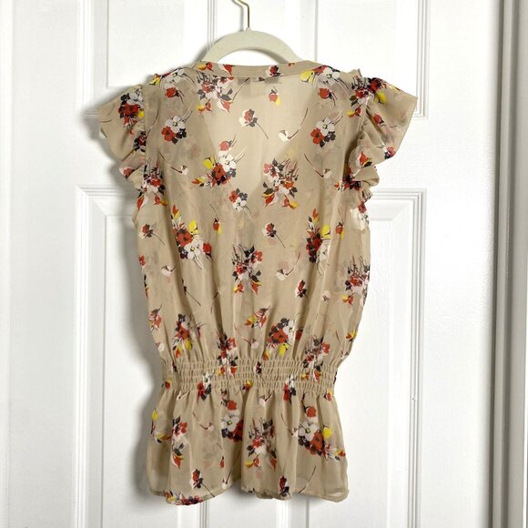 Forever 21 Tan Floral Ruffle Blouse Size Small Elastic Waist Feminine Spring - Picture 6 of 8
